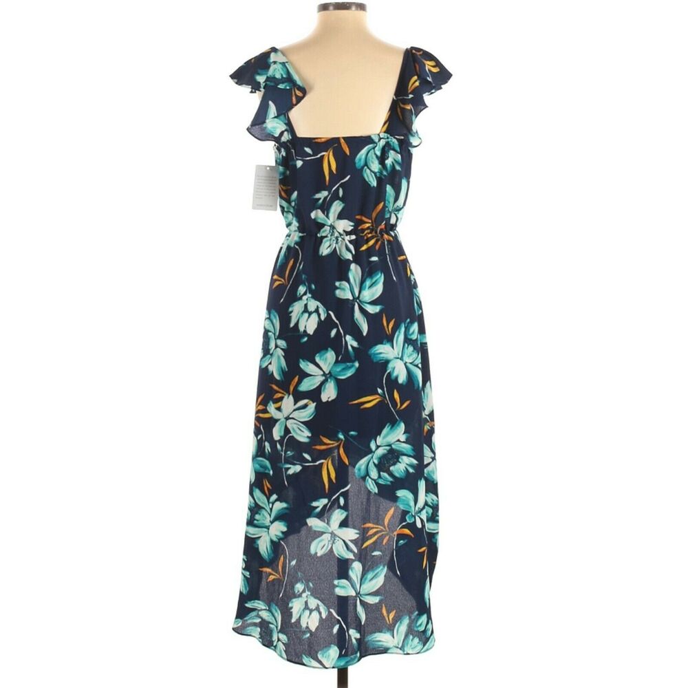 COMO VINTAGE floral ruffle flutter trim tropical midi high low dress blue S NEW - Picture 2 of 5